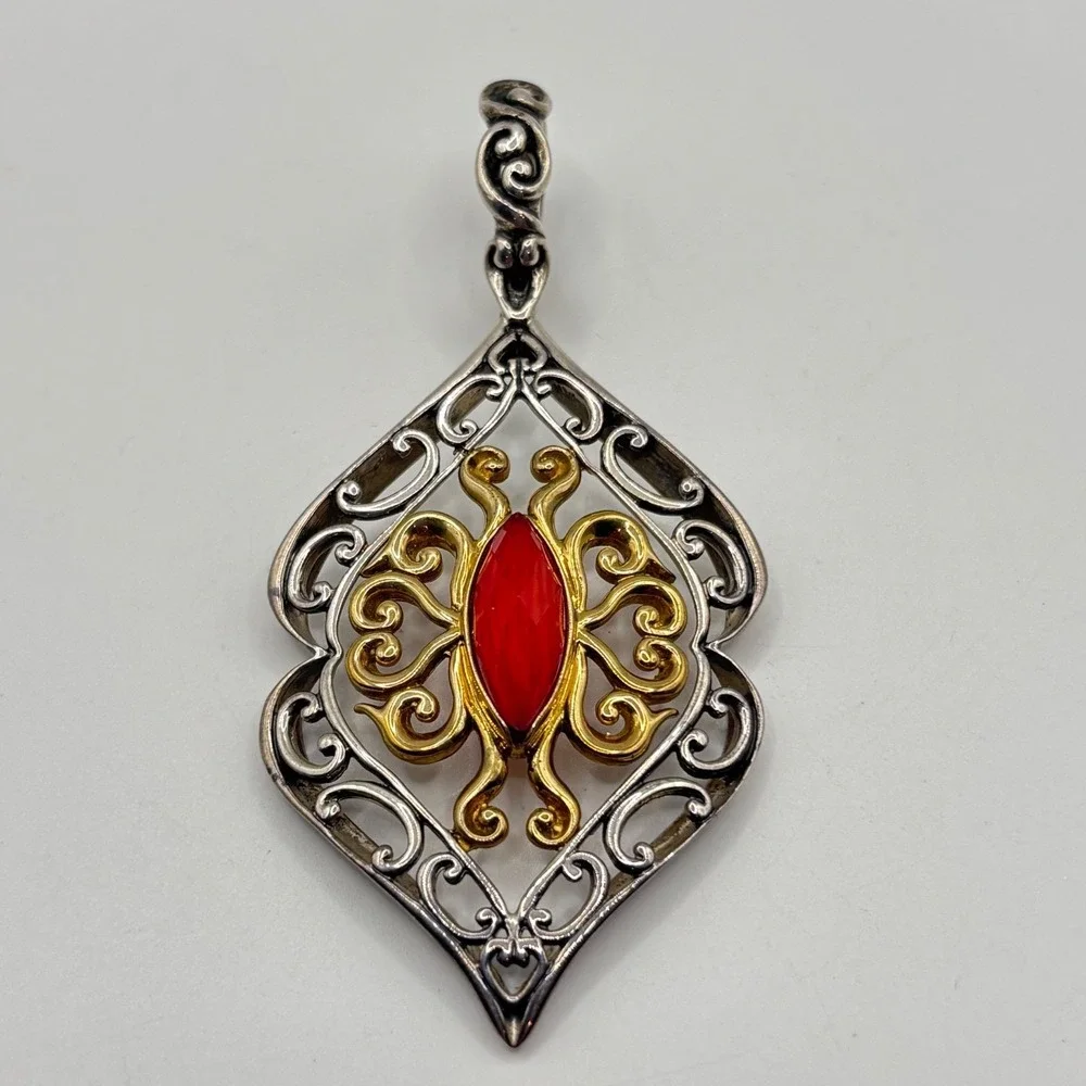 Vintage Carolyn Pollack Pendant Enhancer 925 Silver Brass Red-Orange Stone 3